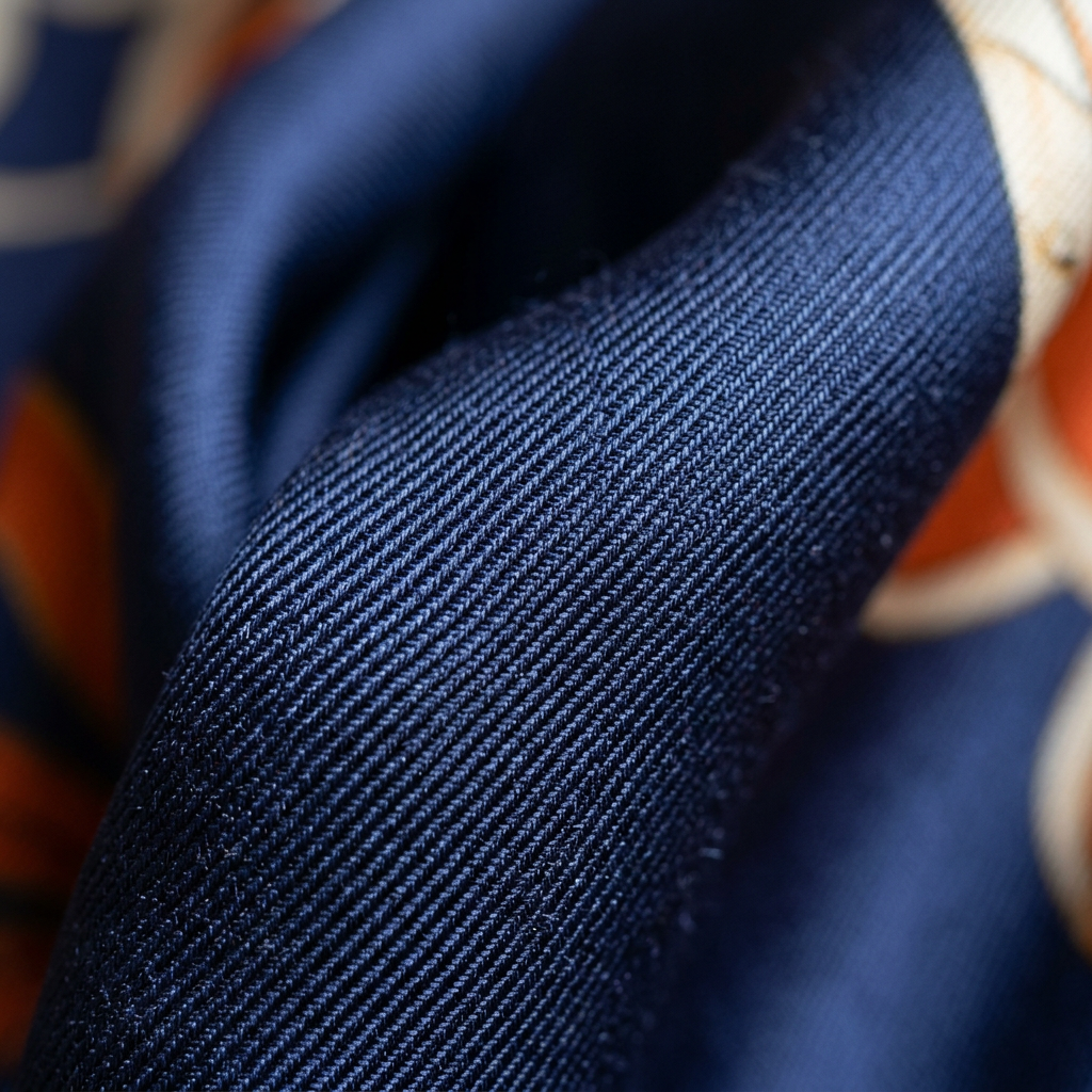 Close-up of navy blue fabric showing fine weave texture