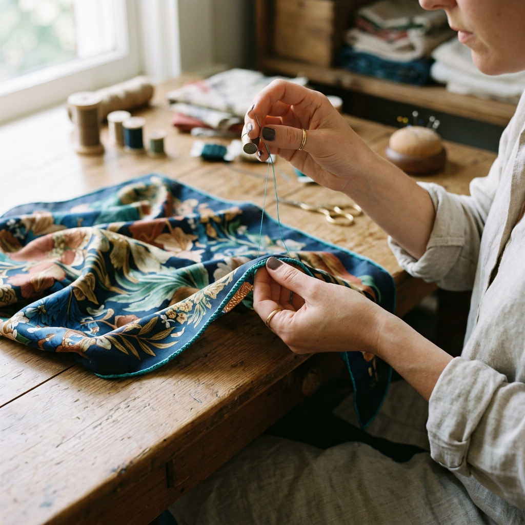 Hands sewing a colorful floral cloth with needle and thimble