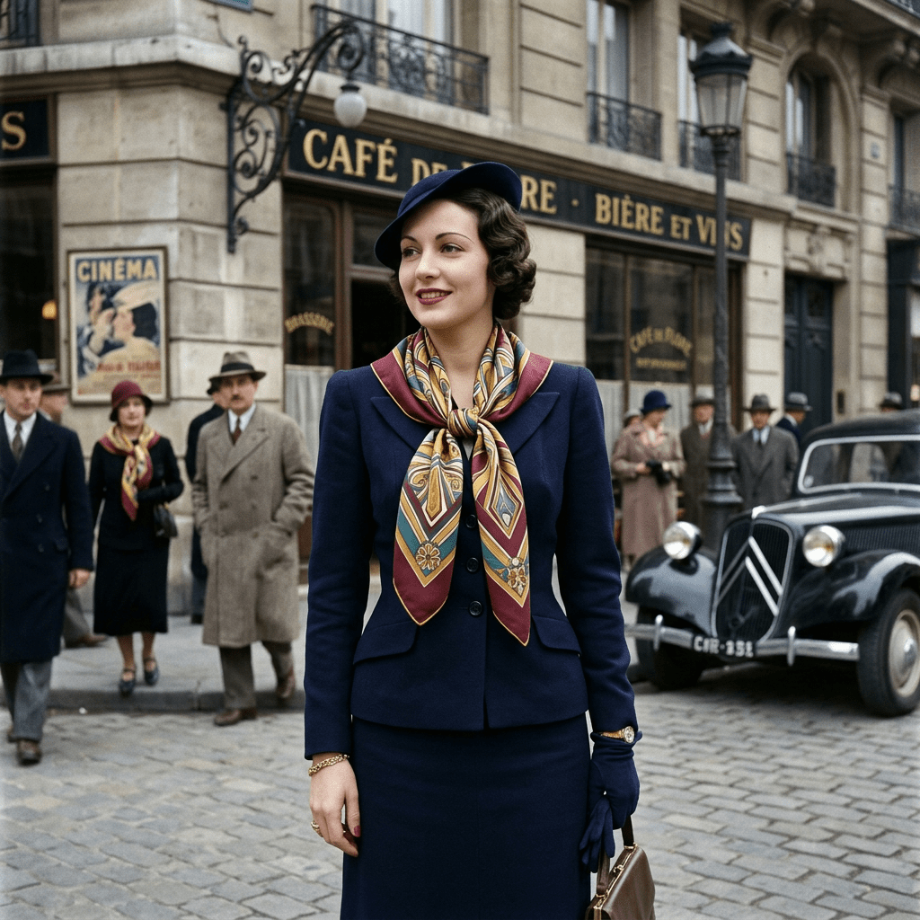 Woman in 1930s navy suit, patterned scarf, and hat standing on cobblestone street with vintage car and café in background