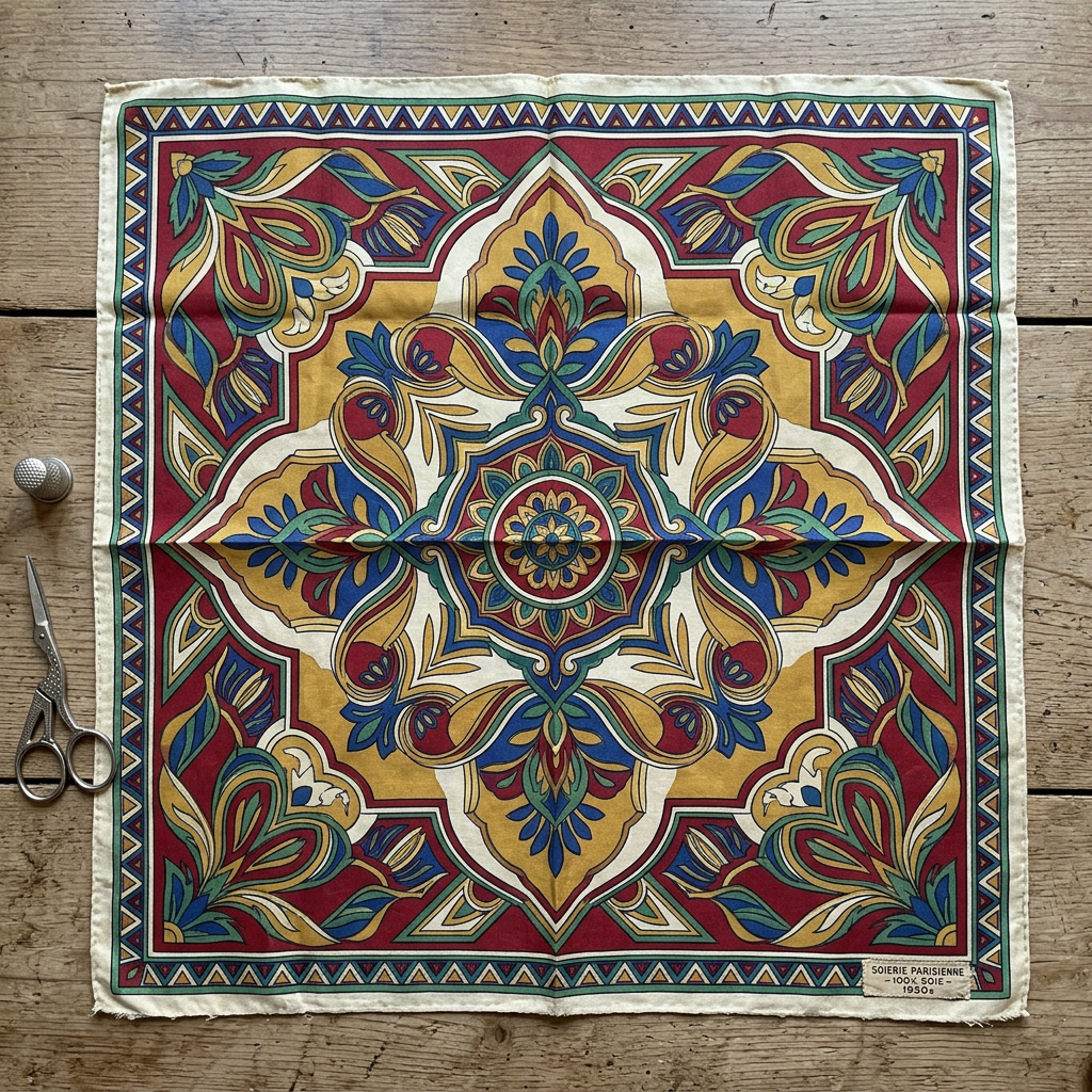 Square silk scarf with red, blue, green, and gold floral and geometric patterns