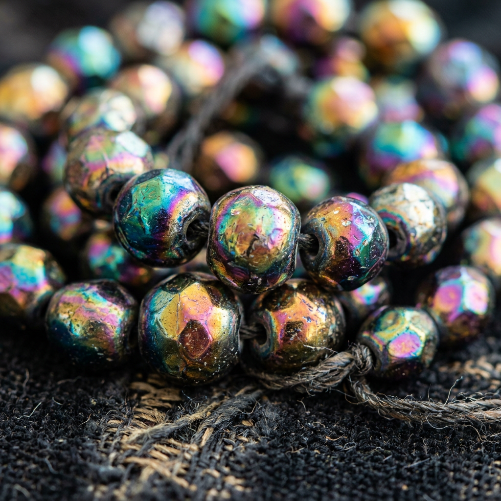 String of iridescent faceted beads displaying rainbow colors