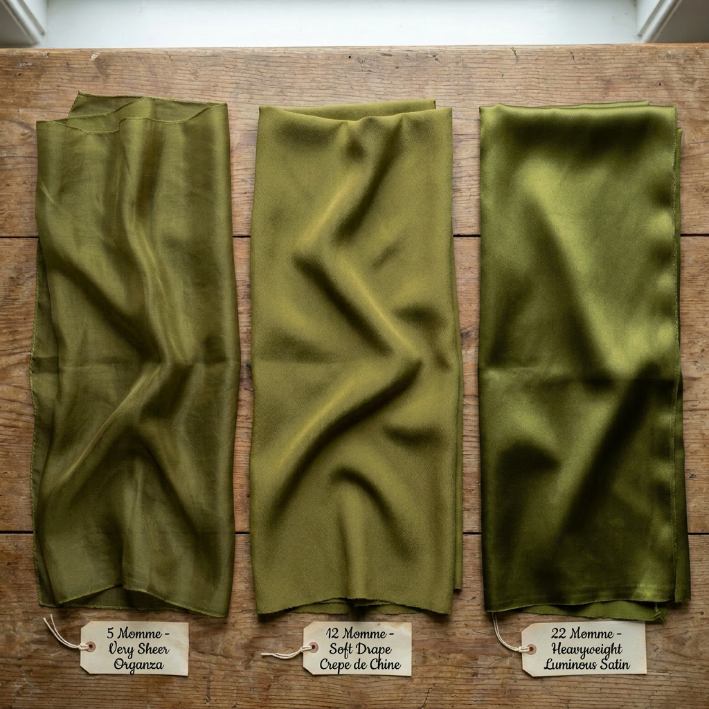 Three folded fabric pieces in beige, olive green, and royal blue on wood