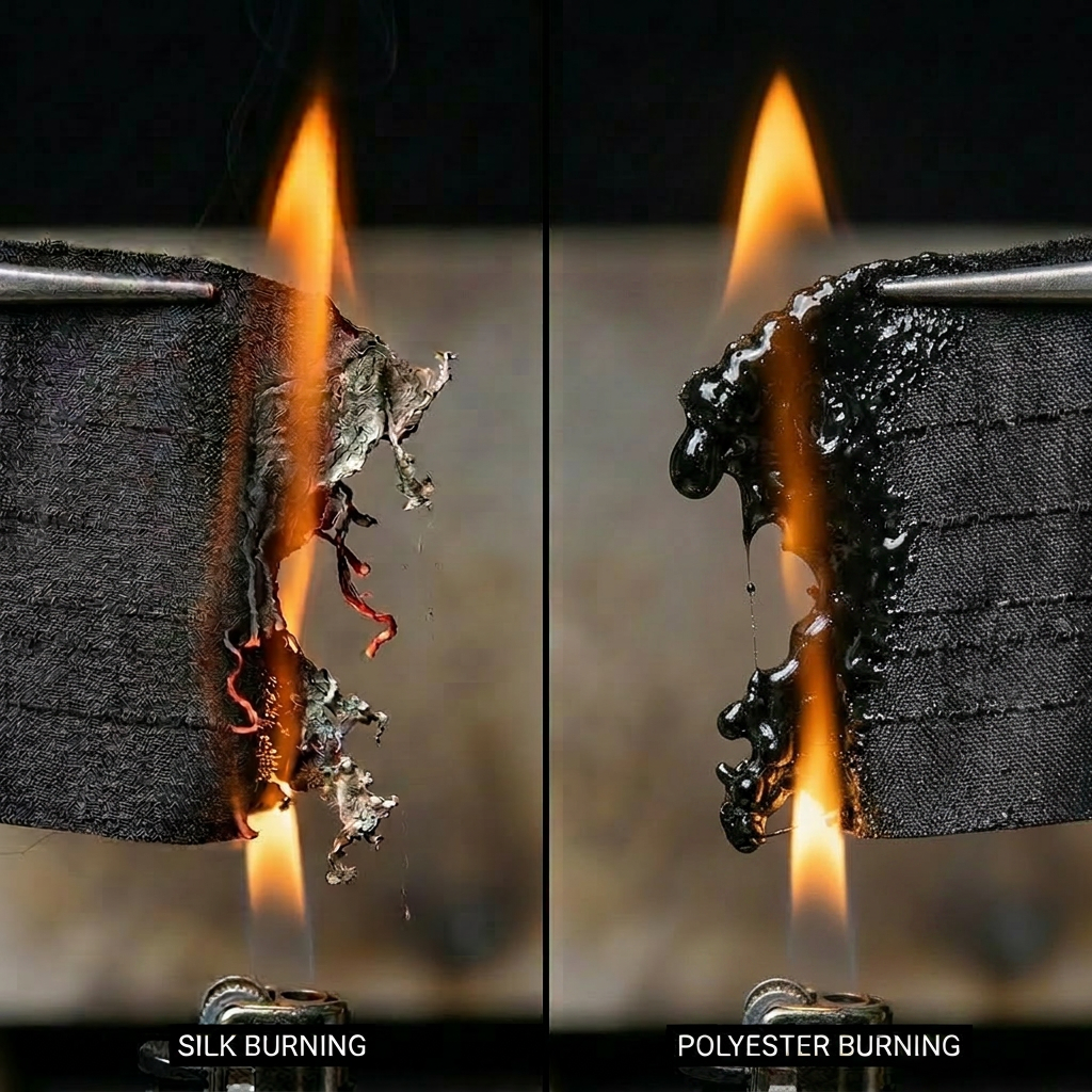Silk fabric burning producing ash and polyester fabric burning melting and bubbling