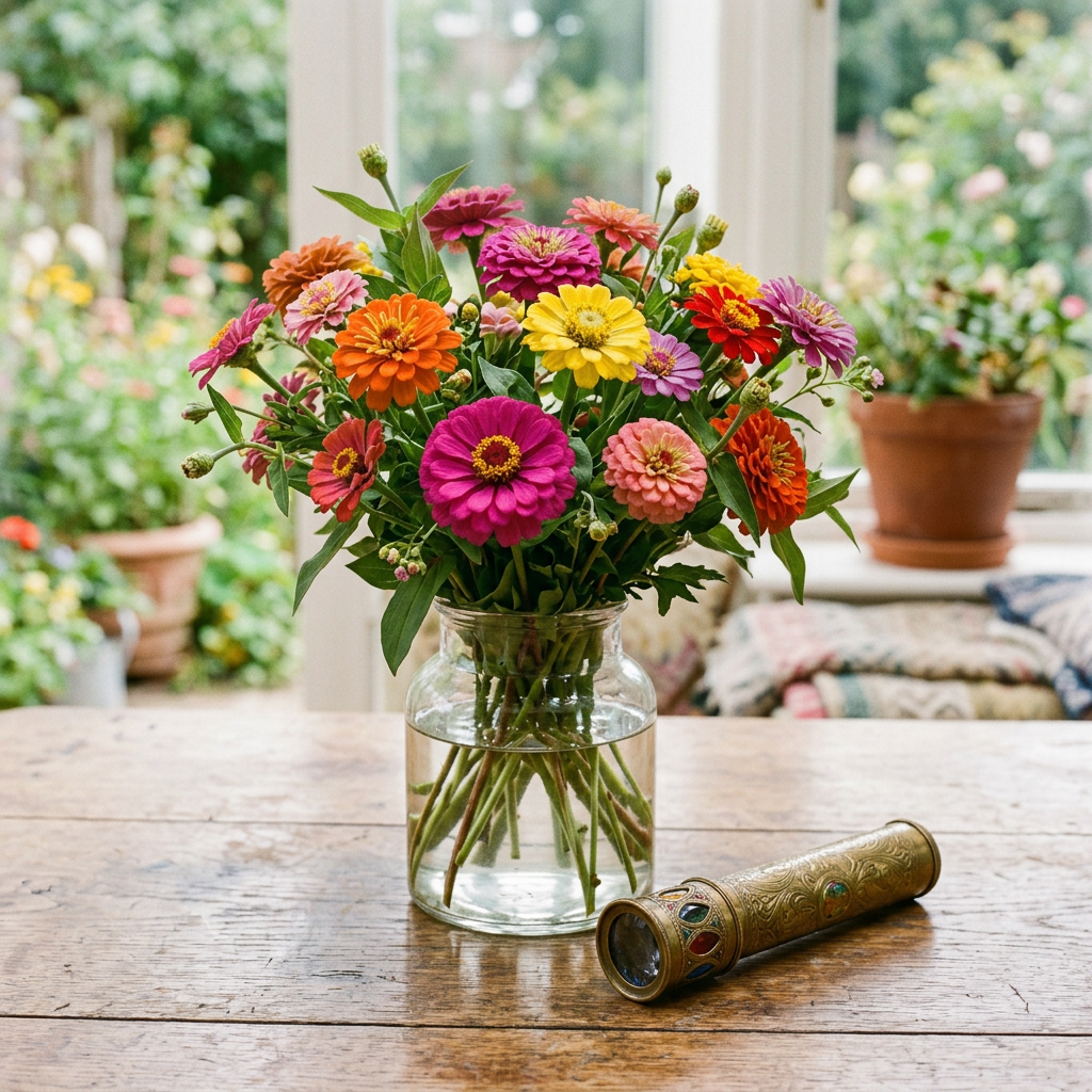 Colorful zinnia flowers in glass vase with antique kaleidoscope on wooden table
