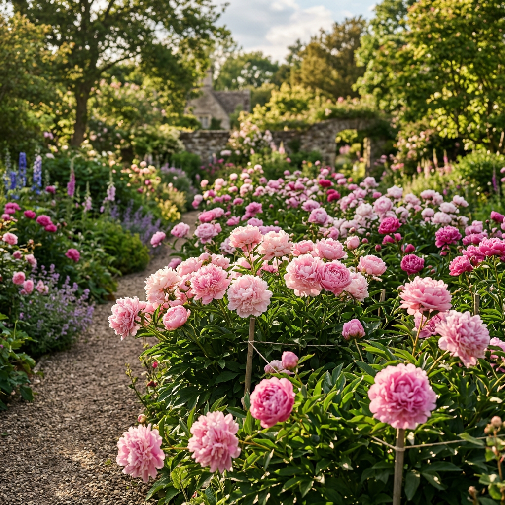 Garden path surrounded by blooming pink peonies and various plants