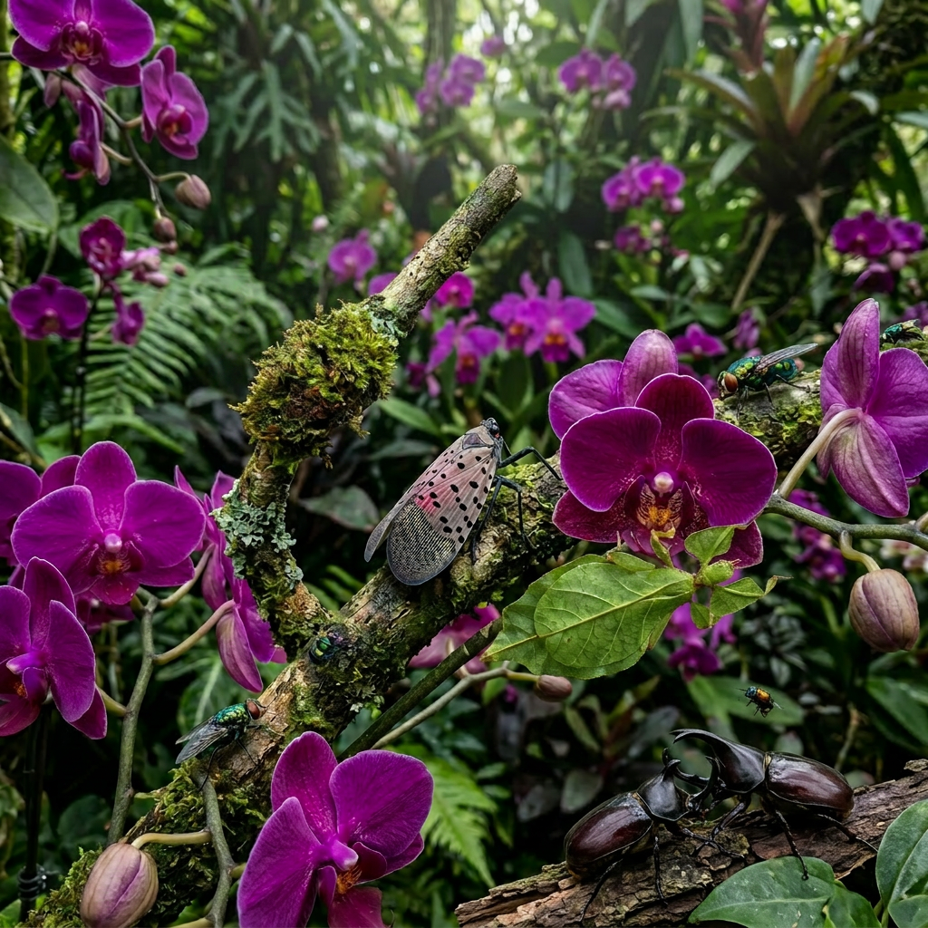 Spotted lanternfly on mossy branch surrounded by purple orchids